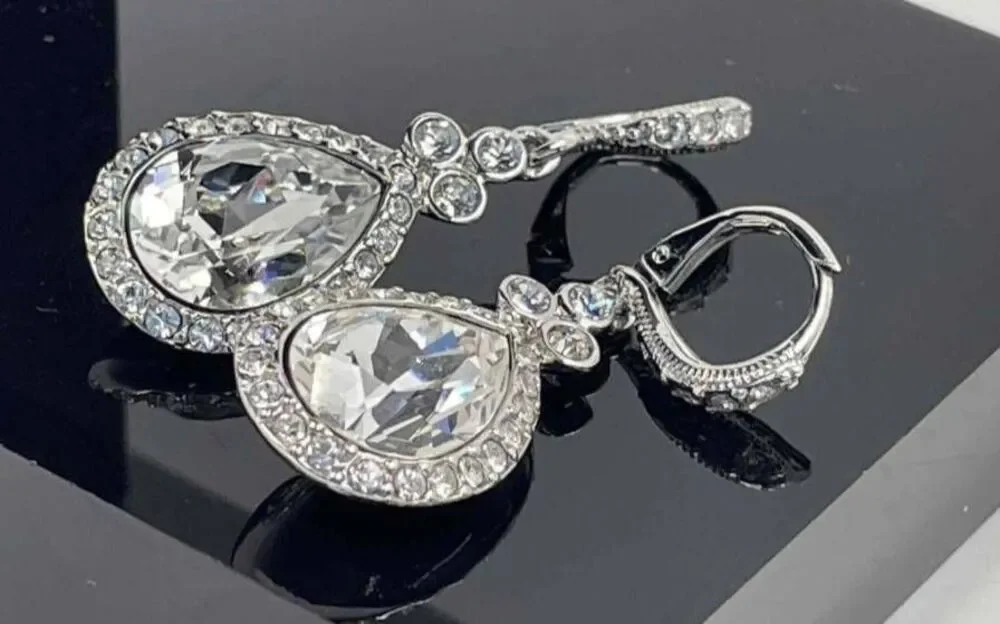 Givenchy Crystal Teardrop Dangle Earrings Silver Tone Rhinestone Leverback Authe
